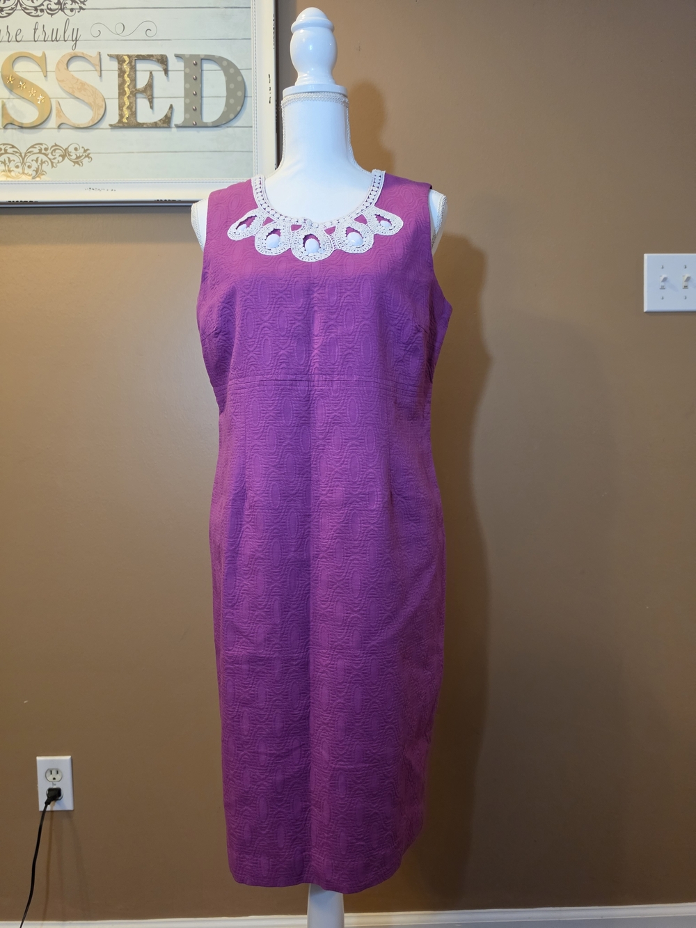 Chadwicks Magenta Sheath Dress with White Lace Neckline